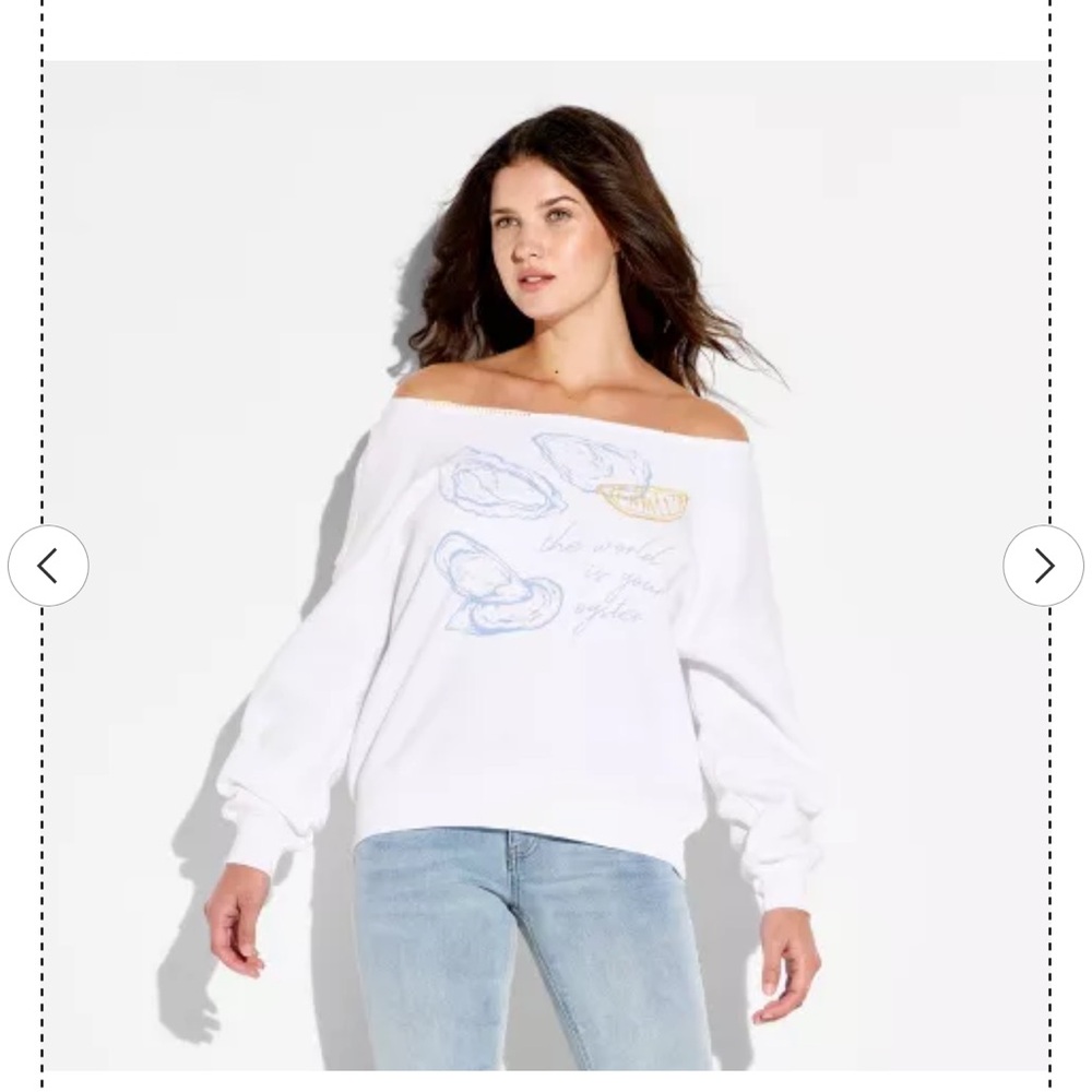 NWT White Off-Shoulder oyster Graphic Sweatshirt - Women size M - Picture 3 of 9